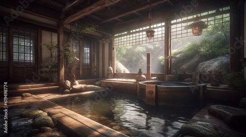 Japanese zen garden with hot springs and pond. 3D rendering