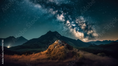 Captivating the Star is colorful at Night Landscape, Exploring the Majestic Beauty of Mountains and the Milky Way Galaxy © joelia