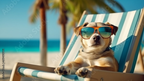 Summertime vacation concept. Funny dog wearing sunglasses.