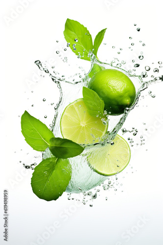 Limes and mint leaves splashing into a glass of water. Generative AI. Green mint leaves and refreshing citrus taste.