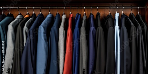 Clothes rack filled with mix of business suits, concept of Professional attire, created with Generative AI technology