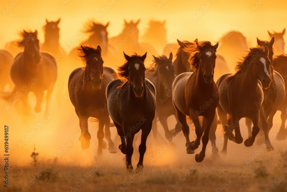 A herd of wild horses gallops freely across a prairie, dust rising in their wake under the setting sun. Generative AI