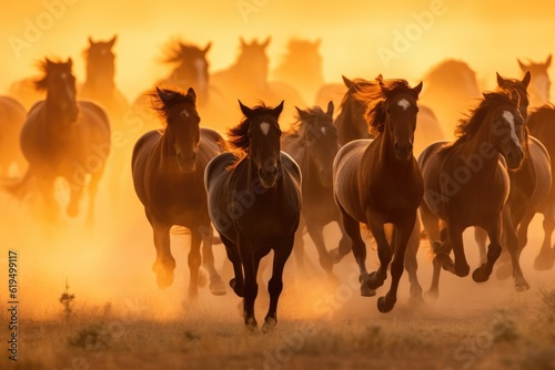 A herd of wild horses gallops freely across a prairie, dust rising in their wake under the setting sun. Generative AI