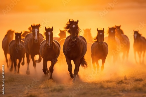 Fotografia A herd of wild horses gallops freely across a prairie, dust rising in their wake under the setting sun