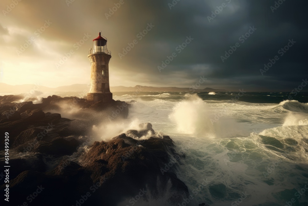 A solitary lighthouse stands against the backdrop of a stormy sea. Generative AI