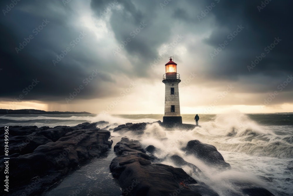 A solitary lighthouse stands against the backdrop of a stormy sea. Generative AI