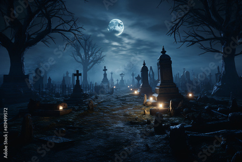 A cemetery at night with a full moon in the sky.