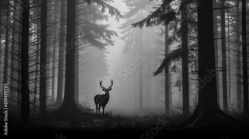 misty morning in the forest, deer in misty foggy forest, generative ai