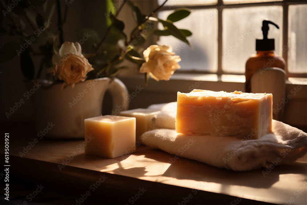 Handmade organic soap in the bathroom near the window, spa and natural cosmetics concept
