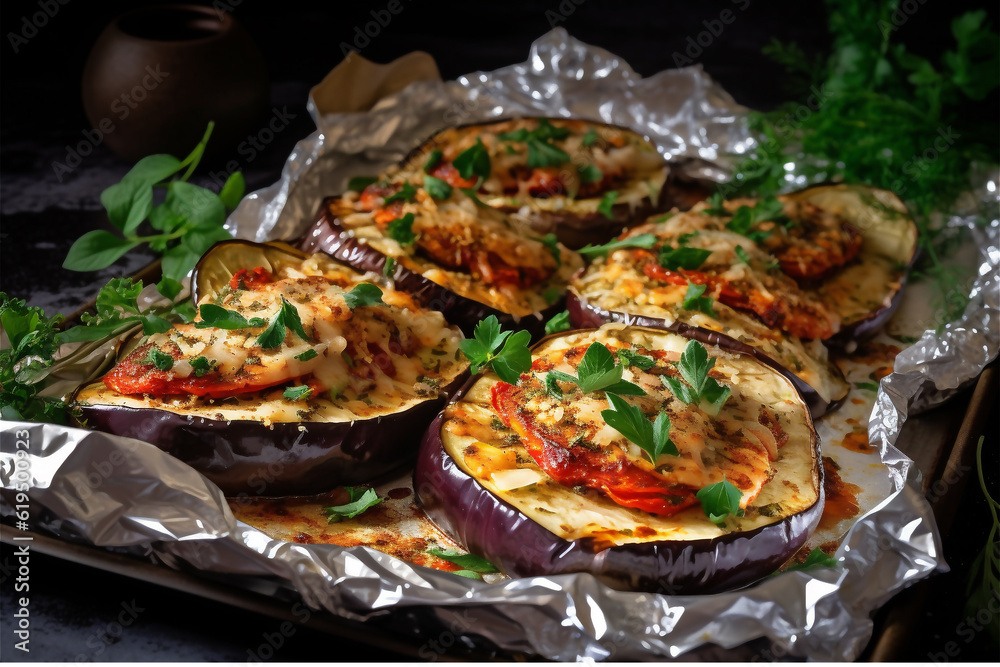 Stuffed eggplants in a baking dish close-up Stuffed eggplants in a baking dish close-up