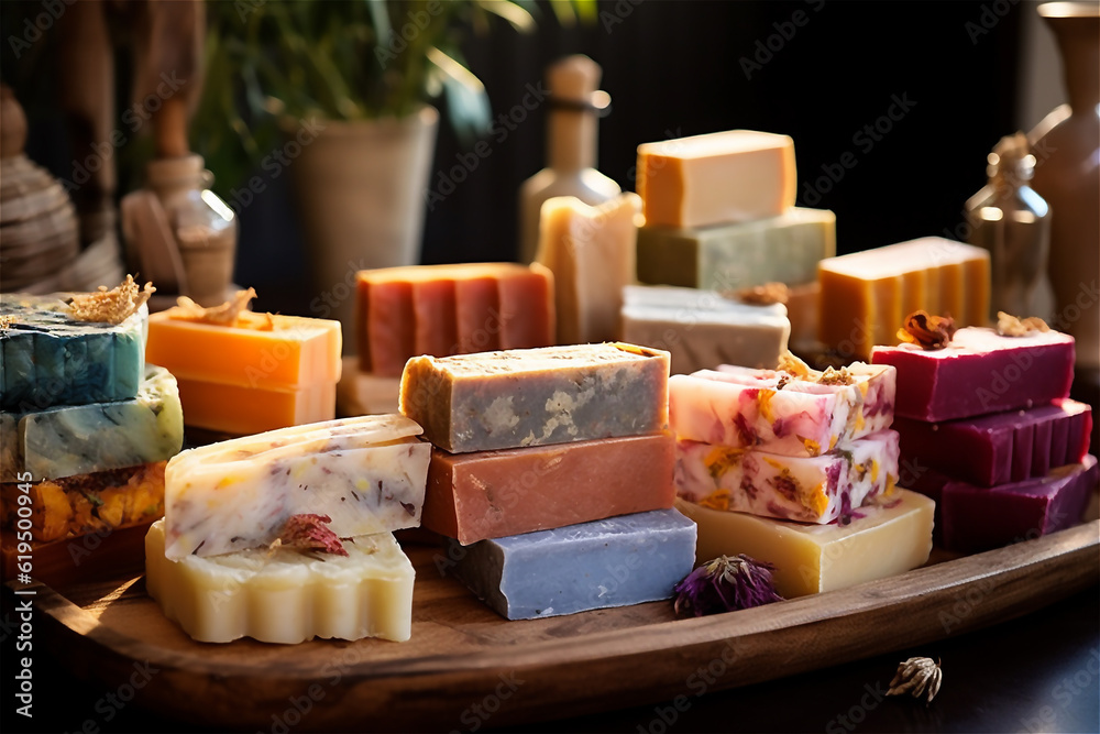 Assortment of handmade organic herbal soaps in the bathroom Assortment of handmade organic herbal soaps in the bathroom