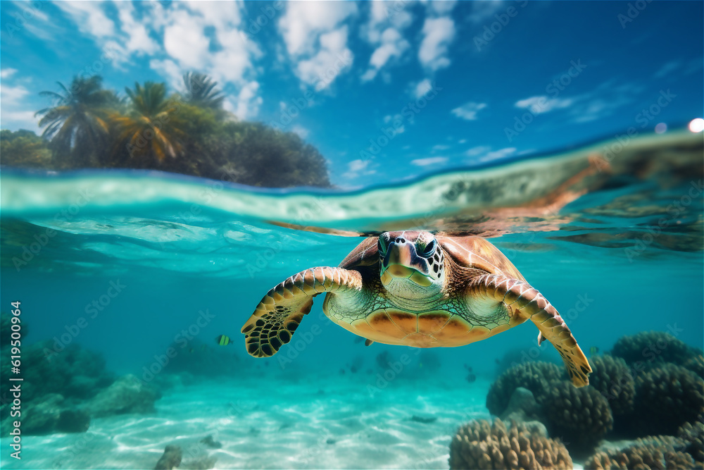 Fototapeta premium Sea turtle swimming underwater, underwater world