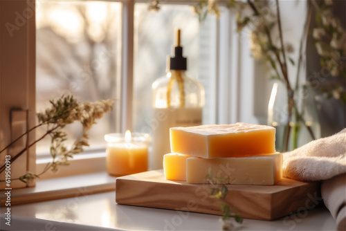 Organic handmade soap in the bathroom on the background of the window in daylight