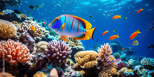 Underwater world  colorful exotic fish close-up and sea plants underwater scene