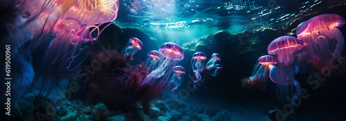 Bright colored jellyfish and corals  underwater scene