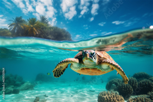 Sea turtle swimming underwater, underwater world © t.sableaux