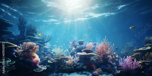 Underwater world with colorful exotic corals and fish