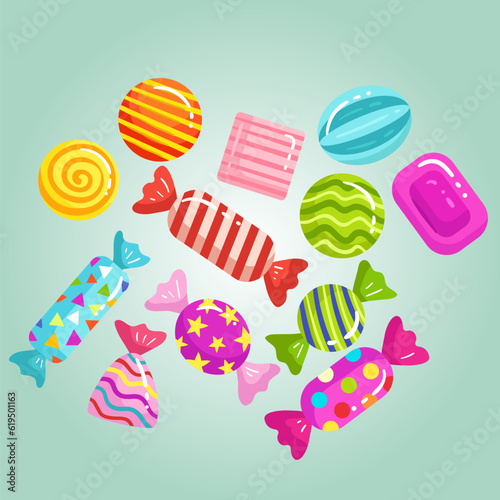 Vector cartoon candies chocolate sweets and caramel desserts candy canes sweetmeats and cakes. vector illustration cookies and jelly candies set