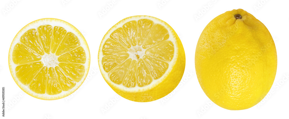 Set or collection of lemons on an isolated white background.