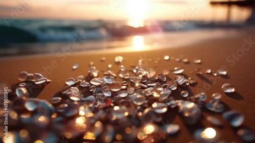 Fototapeta Naklejka Na Ścianę i Meble -  crystals on the beach at sunset waves sea beach background 