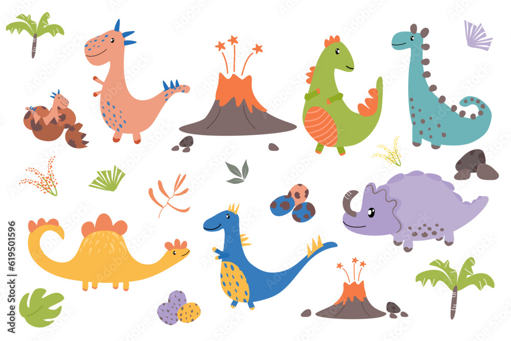 Obraz premium Set of Dinosaurs cartoon party card decoration elements. Happy birthday kid art dinosaur cartoons element with volcano. A set of dinosaur vector illustration. Template trendy poster.