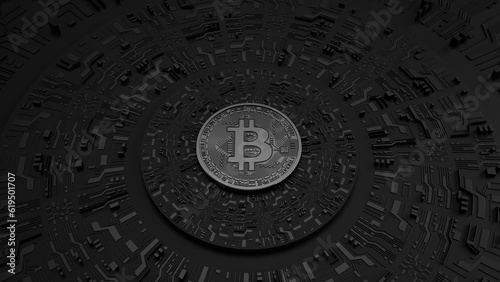 Black Bitcoin on black technological background and futuristic printed circuit. Digital Currency. 3d rendering