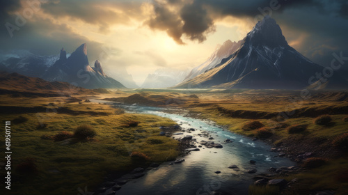 sunset in the mountains, breathtaking nature landscape, generative ai