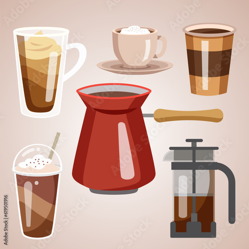 vector coffee flat icons set cup and turk grinder and maker drink and latte takeaway and mocha