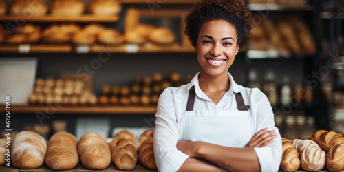 portrait of smiling afro woman business owner standing in bakery store. SME entrepreneur. banner with copy space. generative AI