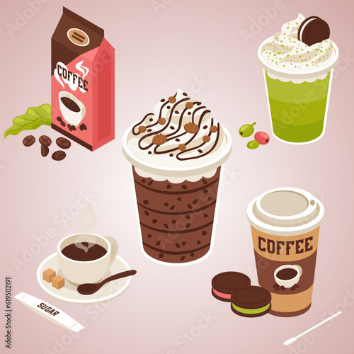 vector coffee flat icons set cup and turk grinder and maker drink and latte takeaway and mocha