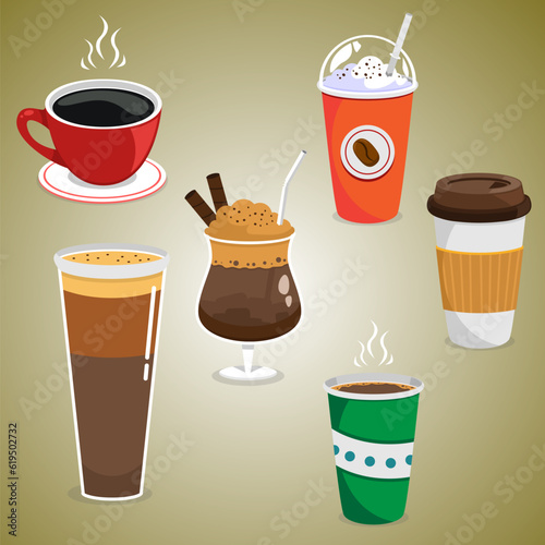 vector coffee flat icons set cup and turk grinder and maker drink and latte takeaway and mocha