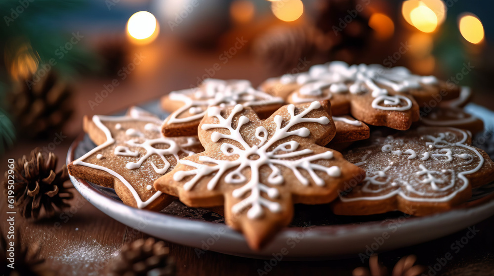 christmas gingerbread cookies on the table, plate of freshly baked gingerbread, generative ai