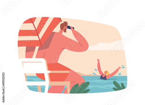 Dangerous Situation On The Beach Concept With Lifeguard Male Character Sitting Under Umbrella Look In Binoculars
