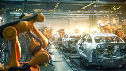 Car Factory. obots in a car factory. Automated robot arm assembly line manufacturing high-tech. 