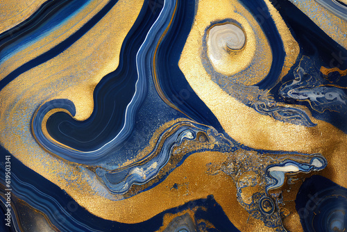 Blue and golden acrylic liquid ink swirl abstract background with ravishing turbulence wavy pattern and detailed texture. Luxury fluid liquid art by Generative AI.