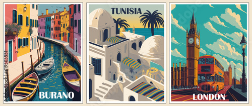 Set of Travel Destination Posters in retro style. Tunisia, London, England, Burano Italy prints. International summer vacation, holidays concept. Vintage vector colorful illustrations.