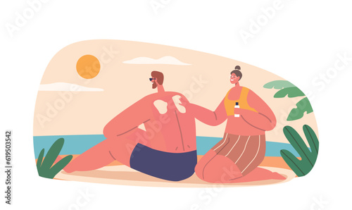Woman Gently Massages Spf Cream Onto Mans Back, Enjoying A Serene Moment By The Beach. Young Couple Characters