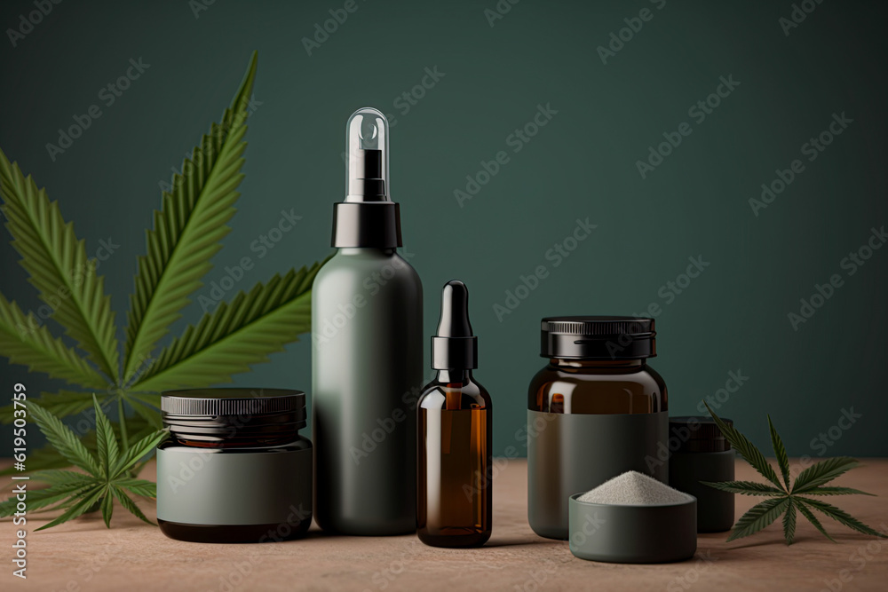Bottles of Cannabis CBD oil extracts and products. Blank space on the label for adding text or logo. Medical marijuana health concept. Generative Ai Bottles of Cannabis CBD oil extracts and products. Blank space on the label for adding text or logo. Medical marijuana health concept. Generative Ai