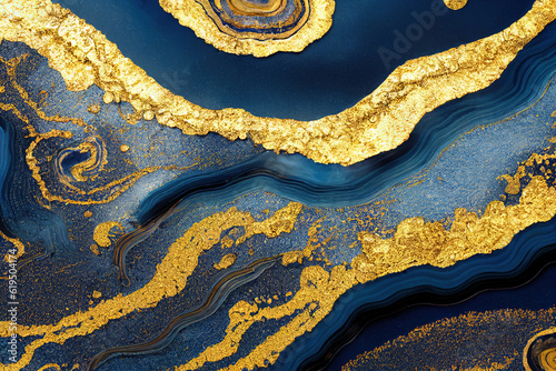 Blue and golden acrylic liquid ink swirl abstract background with ravishing turbulence wavy pattern and detailed texture. Luxury fluid liquid art by Generative AI.