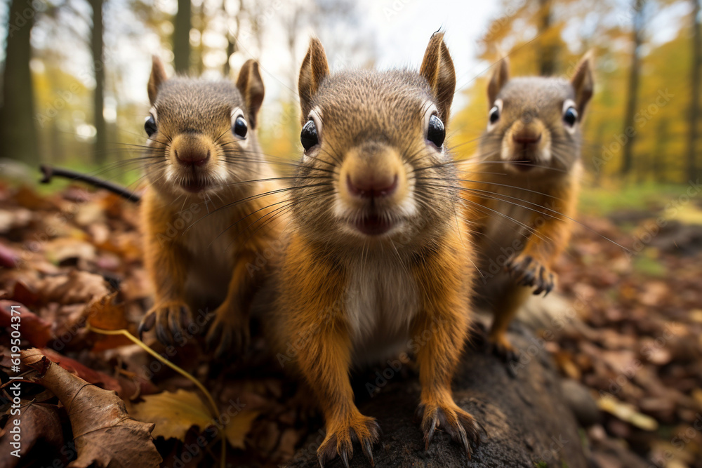 Naklejka premium Three squirrels portrait in forest park looking at the camera with a curious, funny, surprised look, funny, humorous wild animals, wide angle photography. Positive concept. Generative ai Technology