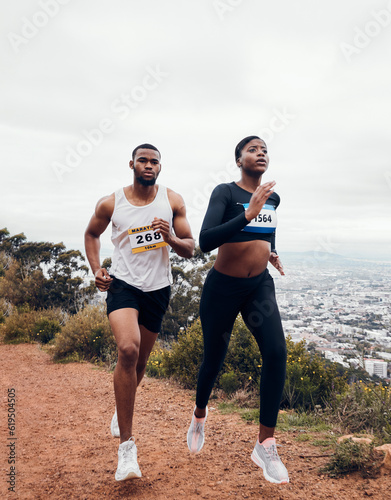 Run, couple and mountain with fitness workout and training on a race and marathon. Runner, young people and road on a exercise challenge outdoor with sport cardio performance in nature together