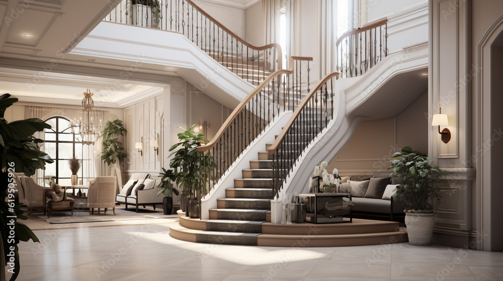 Interior design of modern entrance hall with staircase in villa. Created with generative AI Interior design of modern entrance hall with staircase in villa. Created with generative AI