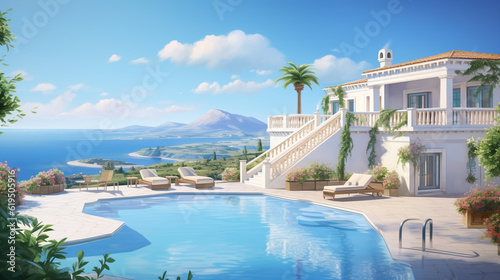 Traditional Mediterranean white house with pool on hill with stunning sea view. Summer vacation background. Created with generative Ai