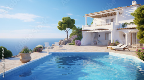 Traditional Mediterranean white house with pool on hill with stunning sea view. Summer vacation background. Created with generative Ai © Banu