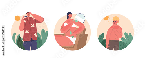 Isolated Round Icons Or Avatars With Sunburned Characters Man, Woman And Little Boy Have Red, Painful Skin