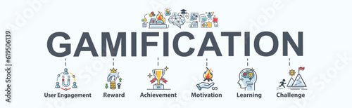 Gamification banner web icon for education  engagement  reward  achievement  motivation  learning  and challenge. minimal vector cartoon infographic.