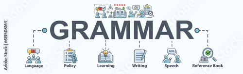Grammar banner web icon for language education  communication  policy  learning  writing  speech  and reference book. minimal vector infographic.