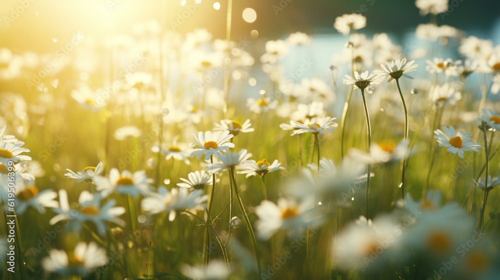 Floral background, daisies on a meadow sunny day