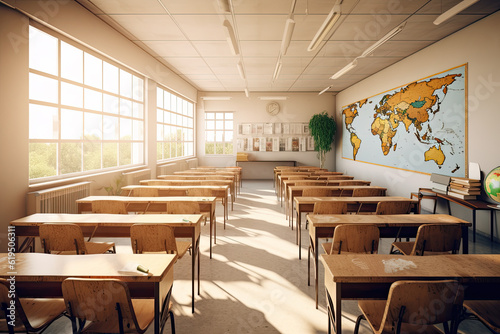 Empty classroom interior with wooden desks and chairs, maps and white board