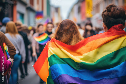 group of people hugging with a lgtbi flag in the street